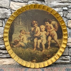 #24 Vintage Italian Florentine Cherubs Angels Sezzatini Gold Gilt Florentia Tray